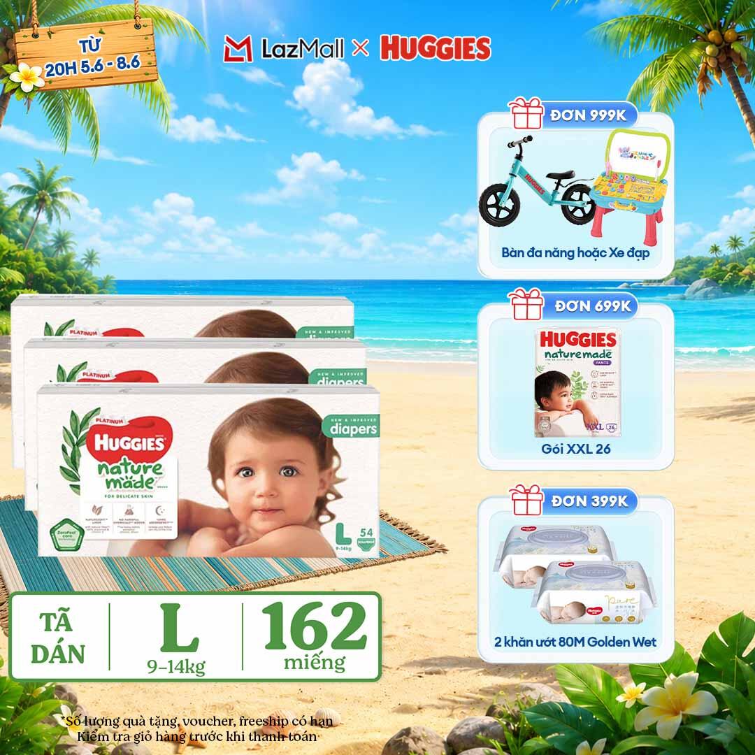 [CHỈ 9-10.6 QUÀ TẶNG ĐƠN 399K](Mua 1 tặng 1) Combo 3 Tã/Bỉm dán HUGGIES PLATINUM NatureMade L54 (9-14kg)-Gói Jumbo 54 miếng