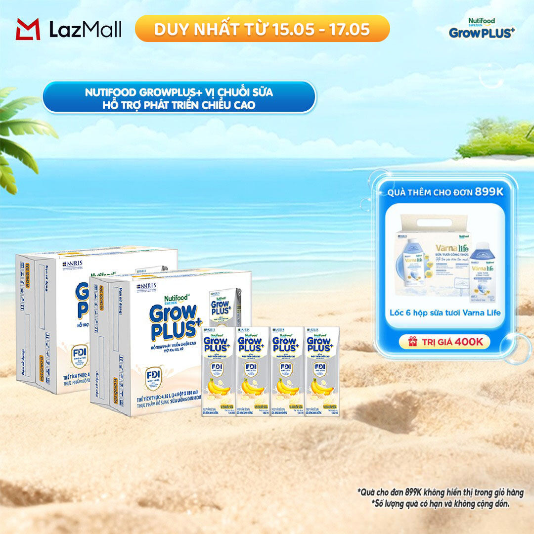 Combo 2 Thùng 24 hộp Sữa nước pha sẵn Nutifood Sweden GrowPLUS+ Vị Chuối Sữa hộp 180ml - Hỗ trợ phát triển chiều cao