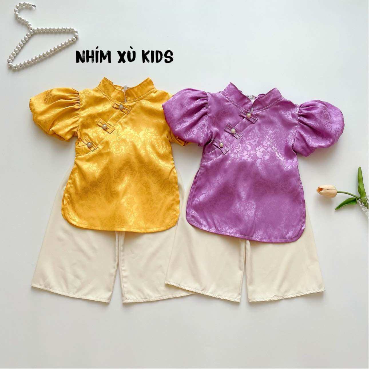 (4-28kg) Bộ Bà Ba Cổ Tàu NHÍM XÙ KIDS Cho Bé Gái Chất Gấm Lụa S032