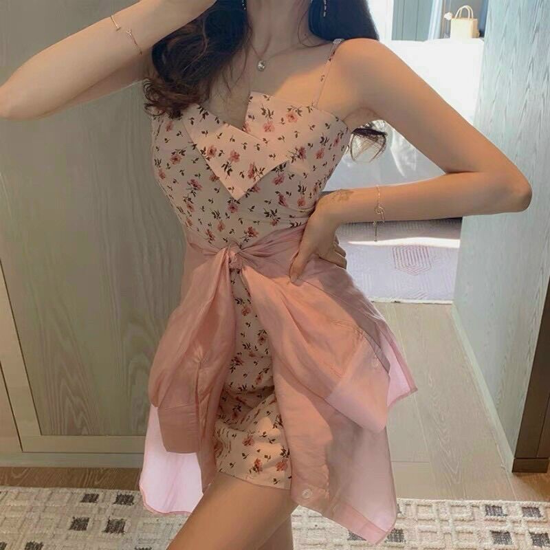 Set đầm 2 dây hoa kèm áo khoác sơ mi