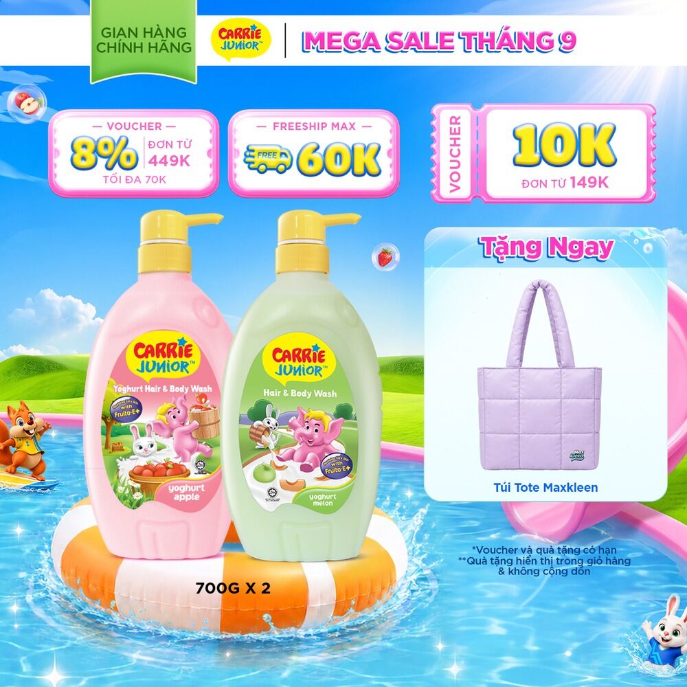Combo 2 Chai Sữa Tắm Gội Cho Bé Carrie Junior chiết xuất trái cây thiên nhiên Yoghurt hương Táo + Dưa Lưới (700g/ chai)