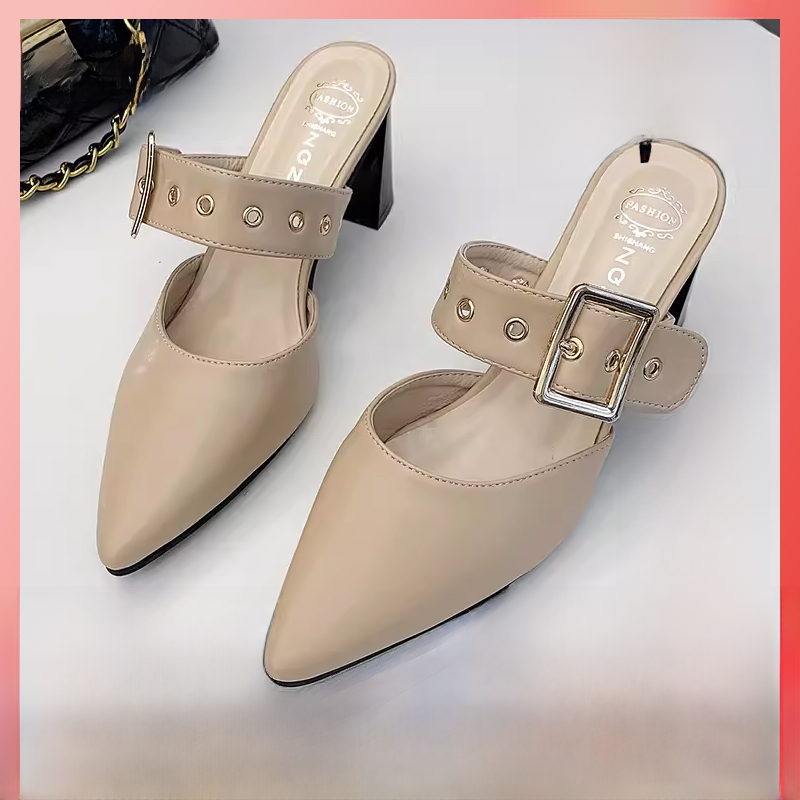 Mùa Xuân Năm 2024 Mới Nữ Nửa Trồng Baghead Giày Ins Hợp Thời Trang Gót Thô Mũi Nhọn Mạng Đỏ Lười Cao Gót Con La