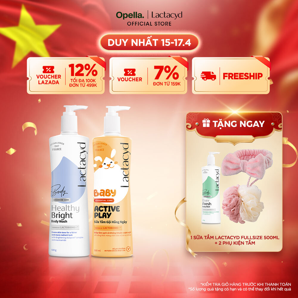 Bộ 1 Sữa tắm Lactacyd Healthy Bright làm đều màu da, mang lại làn da sáng khỏe, rạng rỡ và tự tin + 1 Sữa Tắm Gội Trẻ em Lactacyd Baby Active Play 500ml