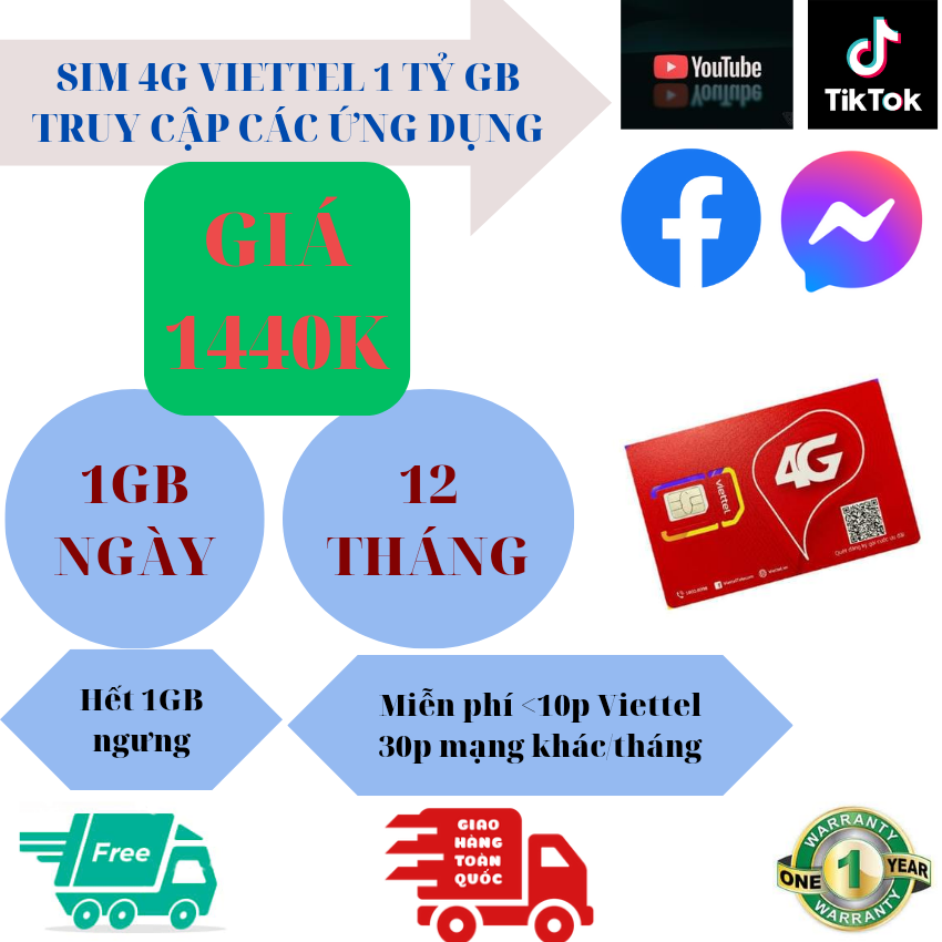 [ANDYPHAMSHOP] - [SIM TỶ GB] Sim Viettel gói cước 12MXH120 siêu ưu đãi - Mua 1 lần dùng cả năm 360GB dung lượng - 1GB/ngày - Miễn phí gọi nội mạng cuộc gọi dưới 10p - 360 phút gọi ngoại mạng (30p tháng) - Bảo hành 12 tháng.