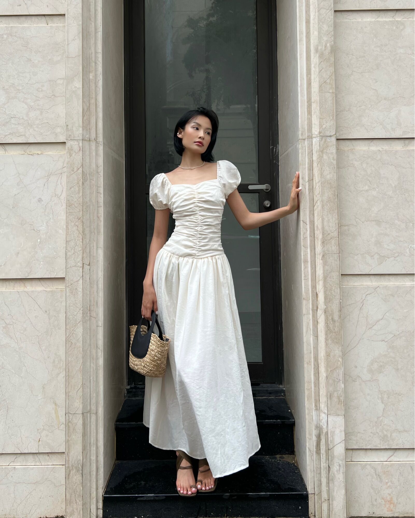 SAP-Đầm tay phồng linen xếp ly
