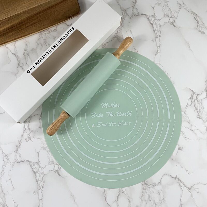 Bộ thảm Silicon nhào bột và cây lăn bột silicone Dày Dặn Chịu Nhiệt hình tròn kèm cây lăn bột silicone