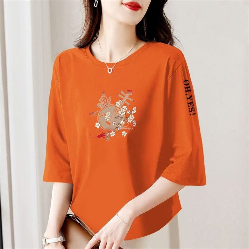 Áo Thun Tay Lửng in Họa Tiết Phong Cách Trung Hoa Rộng Rãi Cho Phụ Nữ Trung Niên Và Cao Tuổi Mùa Hè Thường Ngày