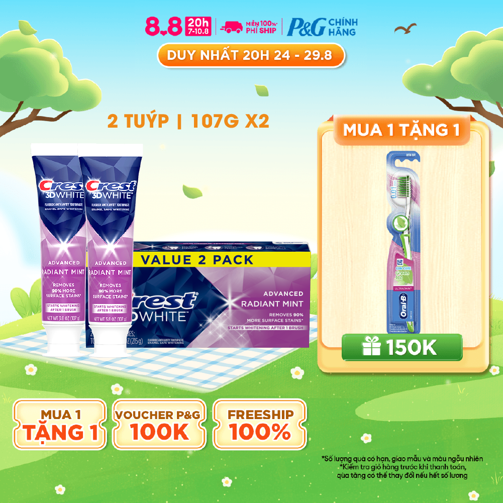 Combo 2 kem đánh răng crest 3d white radiant mint 107g x2 - nhập khẩu mỹ