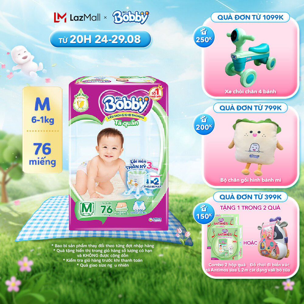 Tã quần Bobby lõi nén thần kì 3mm đủ size M76/L68/XL62/XXL56 [Bao bì thay đổi theo từng đợt nhập hàng]