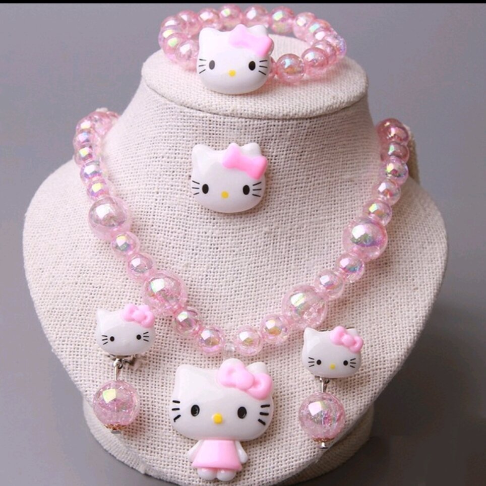 Bộ trang sức bé gái sét vòng tay dây chuyền cột tóc kẹp tóc hình mèo Hello Kitty cầu vồng cho trẻ em bé gái vòng tay Kitty dây chuyền Kitty nhẫn Kitty