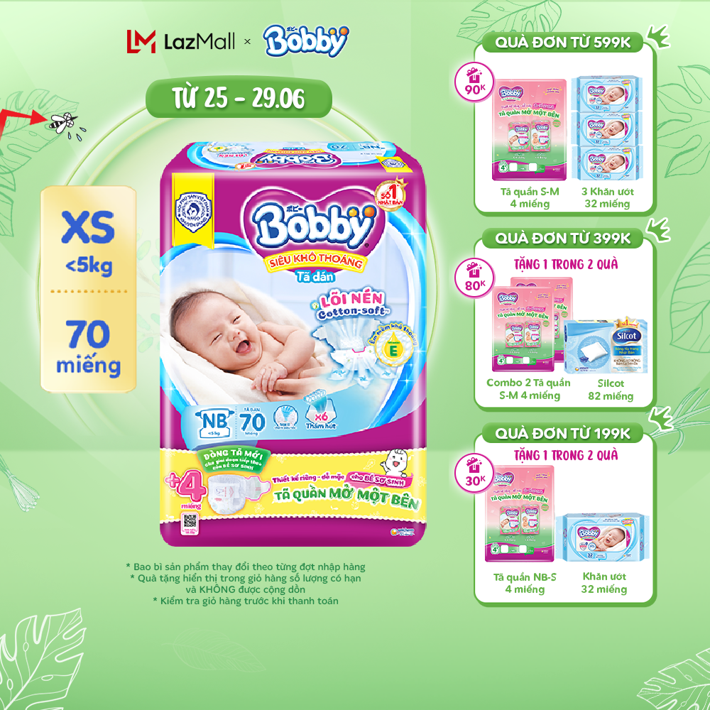 Tã dán sơ sinh Bobby Lõi nén Cotton-Soft 3mm 70 miếng (Tặng thêm 4 miếng Tã Quần Mở Một Bên)