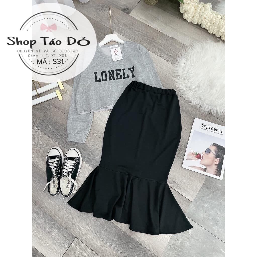 (Shop Táo Đỏ Bigsize 50kg-90kg) Set áo croptop Lonely mix chân váy đui cá dài