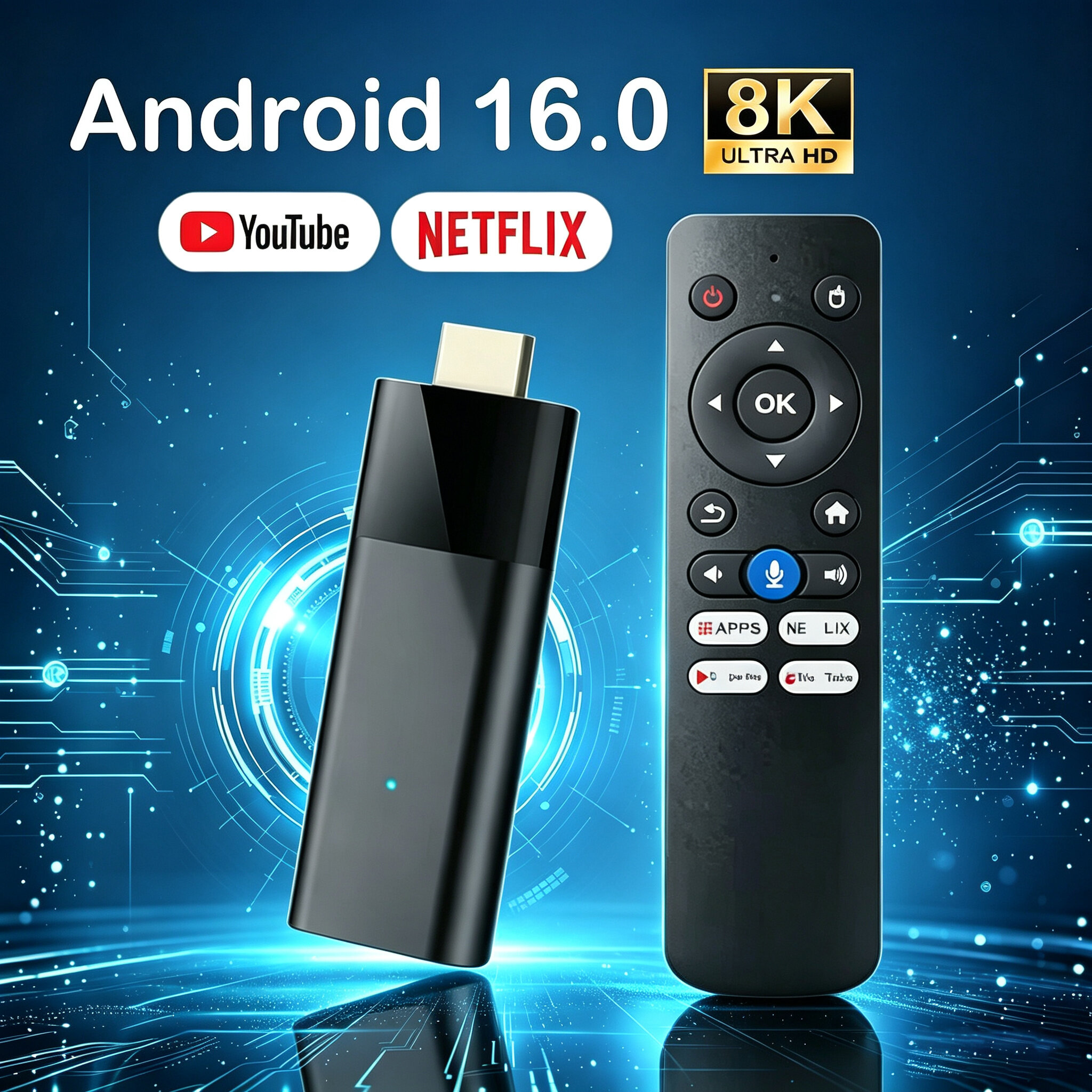 Thiết Bị Phát Trực Tuyến Đa Phương Tiện 8K Ultra HD Android 16 TV Stick Với WiFi Kép, Bluetooth 6.0, Google Assistant, 8GB+256GB, Chip Allwinner H313