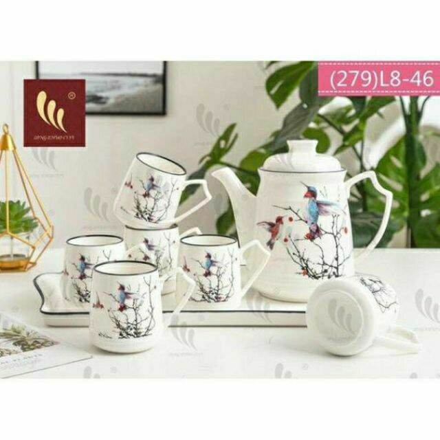 Bộ Ấm Trà Sứ Cao Cấp Kiểu Hàn Quốc Kèm Khay