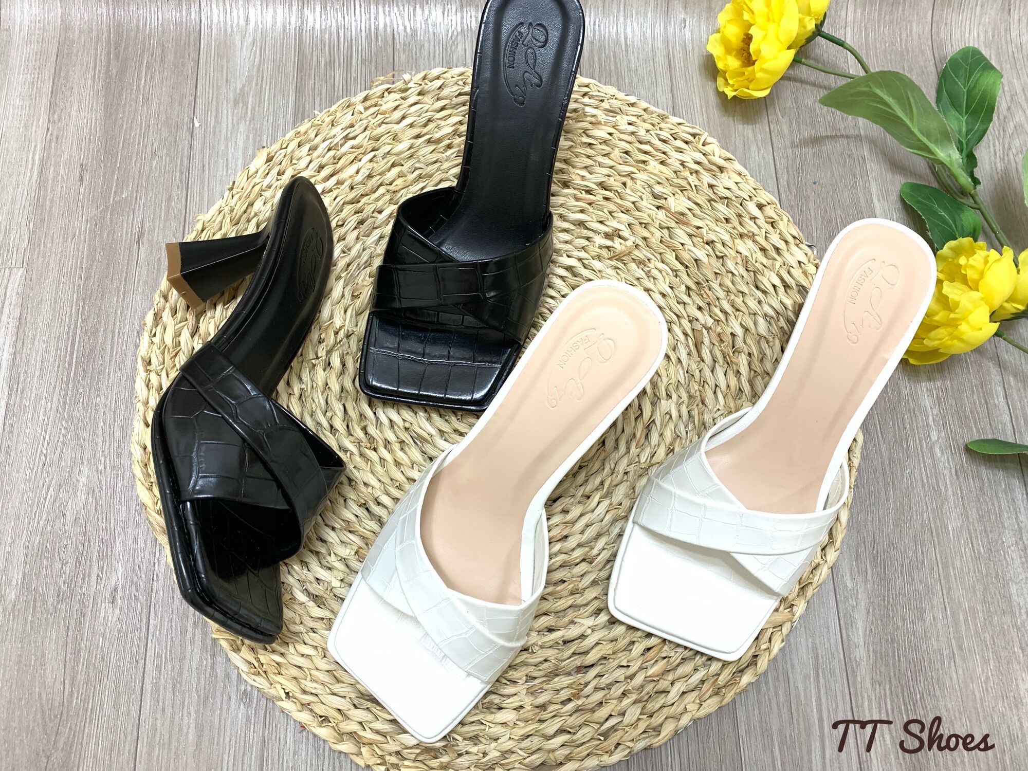 Dép cao gót 5 cm bản chéo da rắn cao cấp TT Shoes mũi vuông haucaocap03