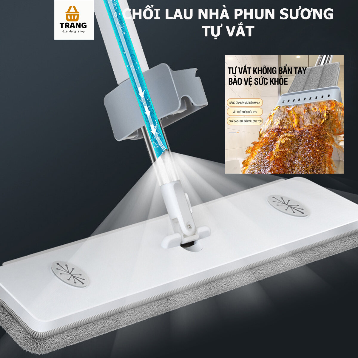 Cây lau nhà phun sương tự vắt chổi lau nhà vừa tự vắt vừa phun sương xoay 360 độ