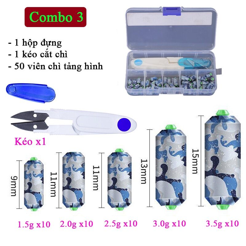 Combo Hộp 50 viên chì lá câu đài cuốn sẵn tặng kéo cắt chì,chỉ câu cá