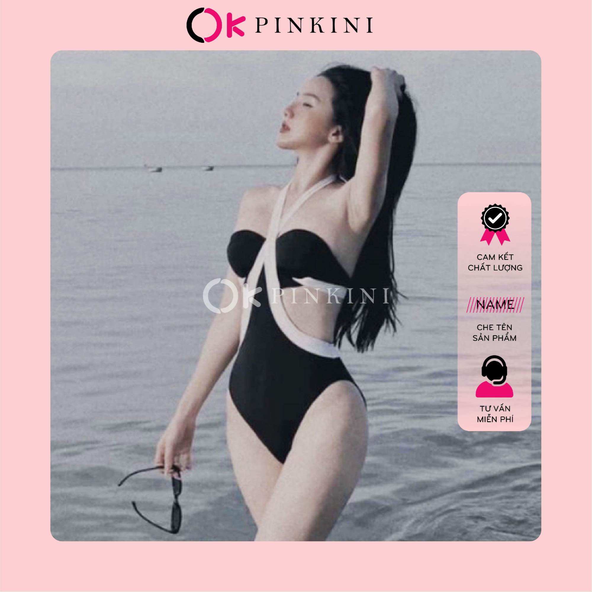 Bikini 1 Mảnh Áo Gọng Khoét Eo Viền Trắng (Ảnh Thật)