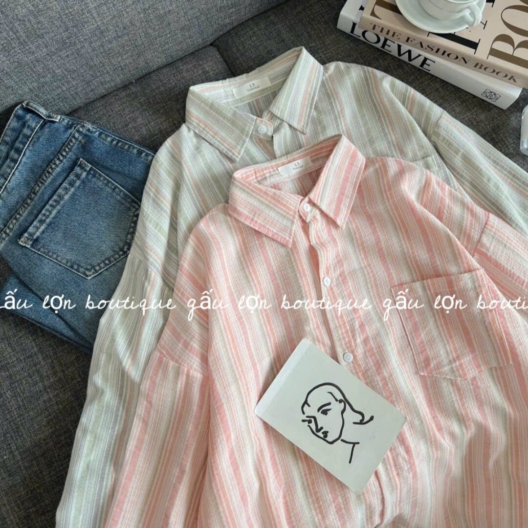 áo sơ mi oversize kẻ sọc chất thô đũi hàn quốc