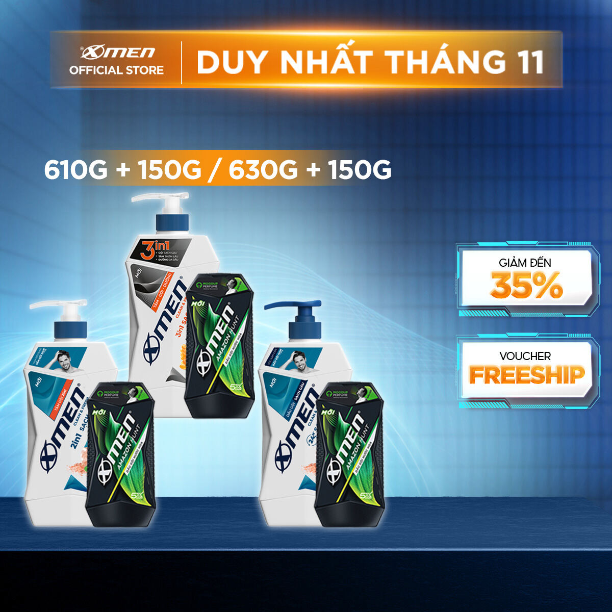 Combo Xmen Clean & Fresh Tắm gội dưỡng 3in1 610g/ Tắm gội 2in1 610g/ Dầu gội sạch gàu 630g + Dầu gội