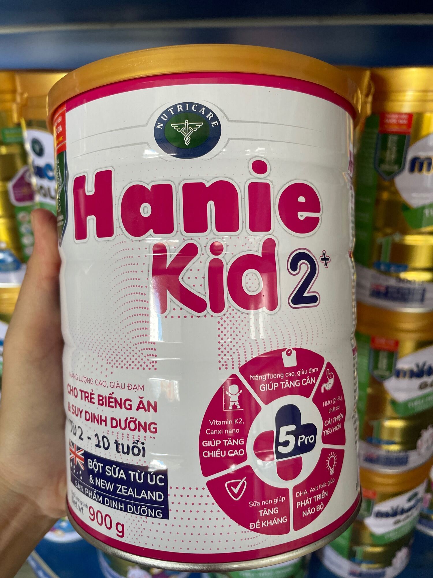 Sữa Hanie Kid 2+ (2-10 tuổi) Cho trẻ nhẹ cân Chậm lớn (900g) Cam kết chính hãng
