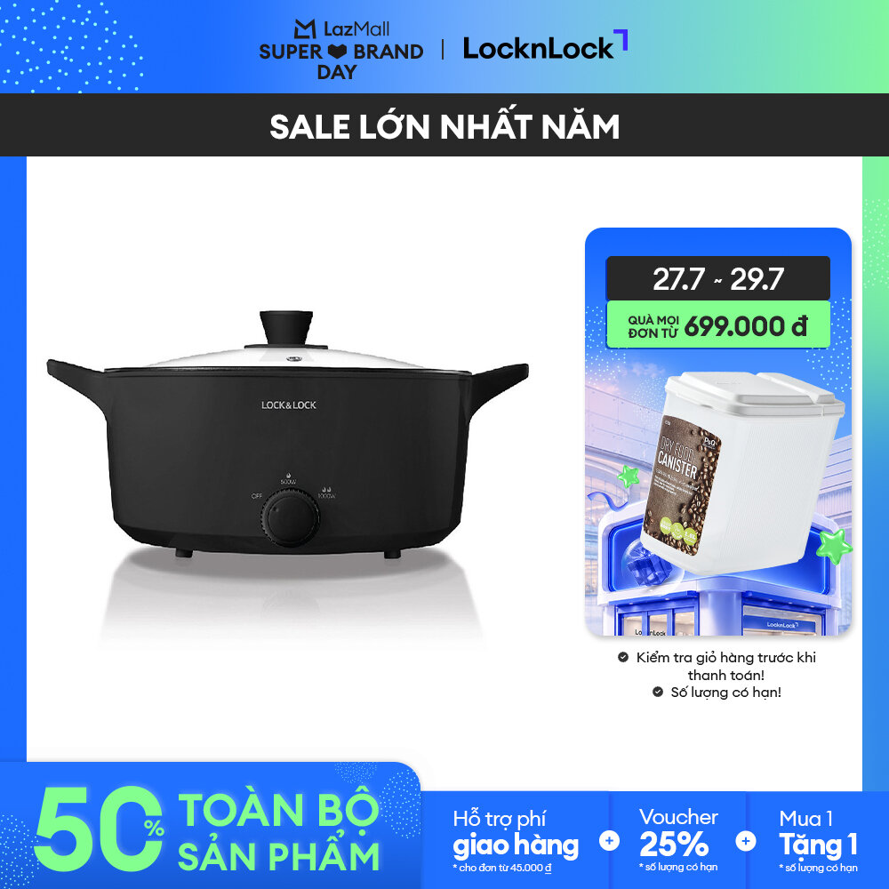 [SBD 27.7_Giảm đến 70% + Voucher đến 25%] Nồi lẩu điện đa năng LockLock Versatile Hot Pot 4L Màu đen EJP546BLK chống dính, Dung tích lớn, kèm nắp thủy tinh