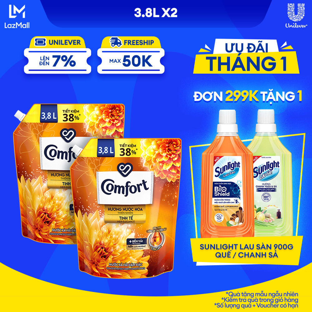 Combo 2 Túi Nước Xả Vải Comfort Đậm Đặc Hương Nước Hoa Thiên Nhiên Tinh Tế 3.8L