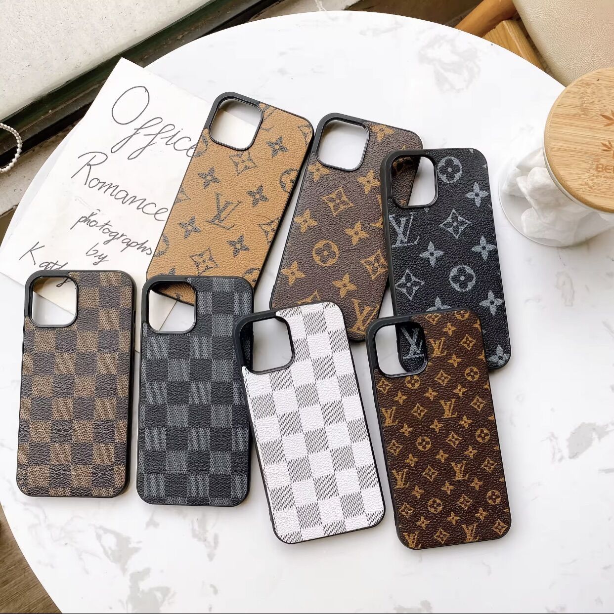 LV texture leather back phone case for iPhone protection plastic mobile phone