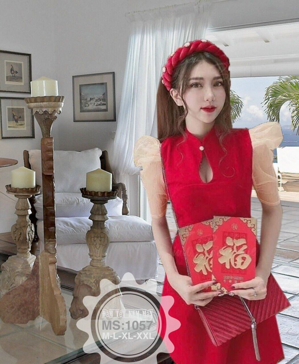 (Shop Táo Đỏ Bigsize 50kg-90kg) Đầm Tết kèm mấn màu đỏ, đen