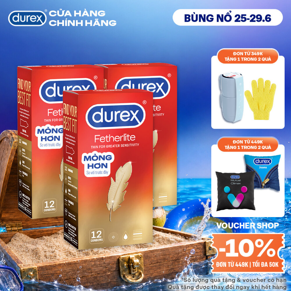 Bộ 3 hộp bao cao su Durex Fetherlite siêu mỏng, size 52.5mm, 12 bao/hộp