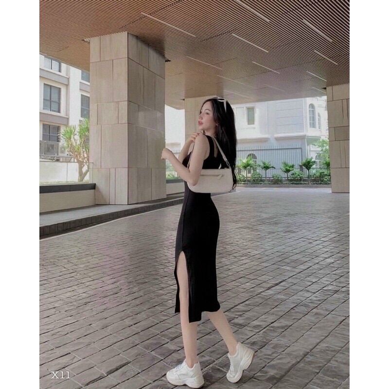 H7- đầm body 2 dây bản lớn, xẻ đùi