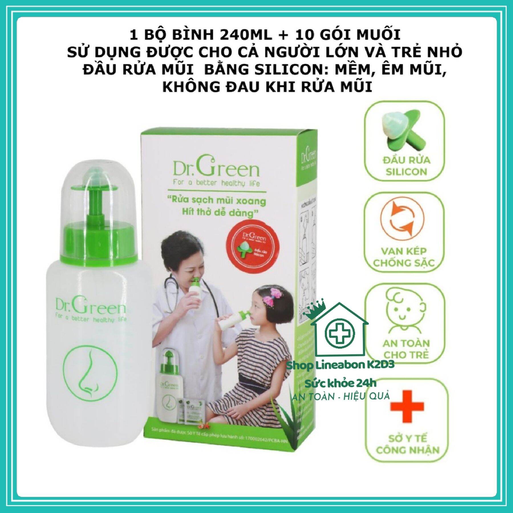Bình rửa mũi Dr Green đầu rửa Silicon và 10 gói muối mẫu mới êm mũi