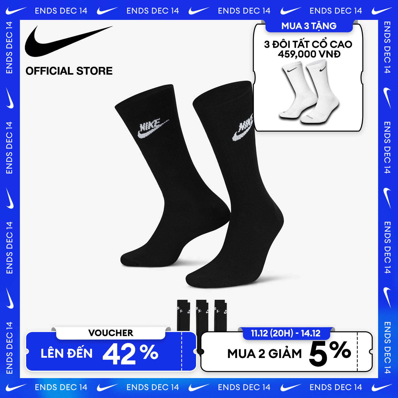   VOUCHER ĐẾN 42% + MUA 3 TẶNG 3 ĐÔI VỚ  Tất cổ cao Nike Sportswear Everday Essential Crew Socks  3 Pairs  - Black 