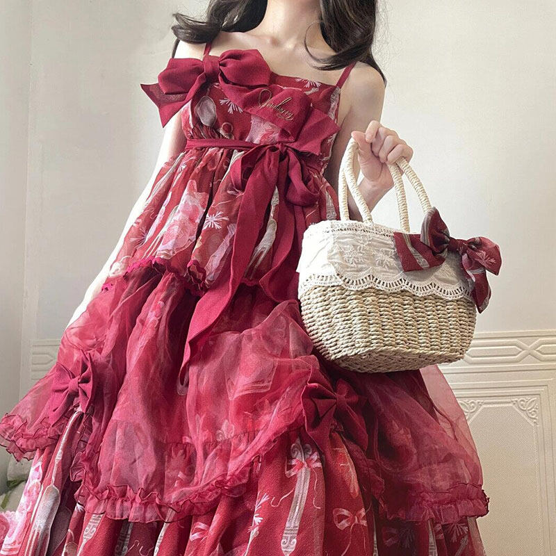 Váy Lolita JSK Ba Mảnh Màu Đỏ Có Nơ Bướm Váy Bó Sát Xếp Ly Cạp Cao Bằng Vải Polyester Mùa Hè 2024 Vá