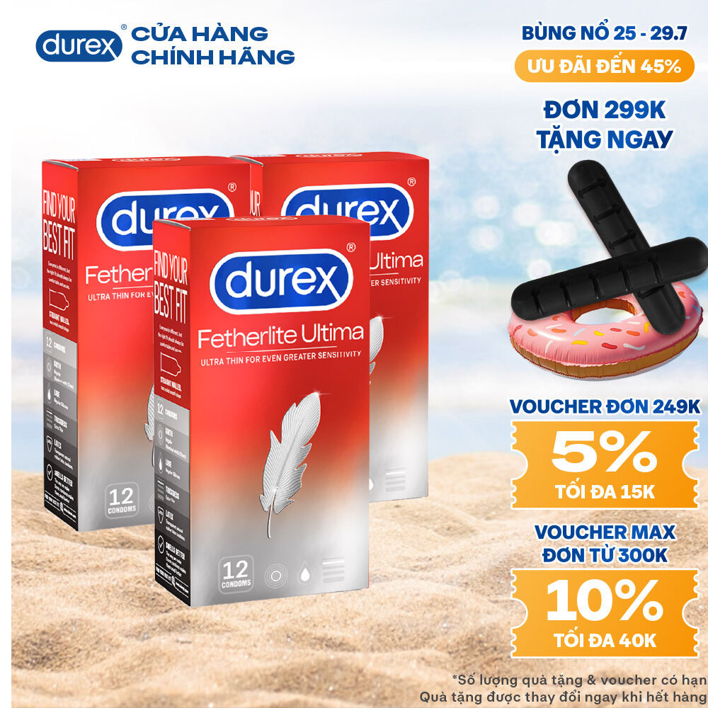 [25-29.7 - Voucher đến 30K] Combo 3 Bao cao su Durex Fetherlite Ultima siêu mỏng, size 52mm, 12 bao/hộp