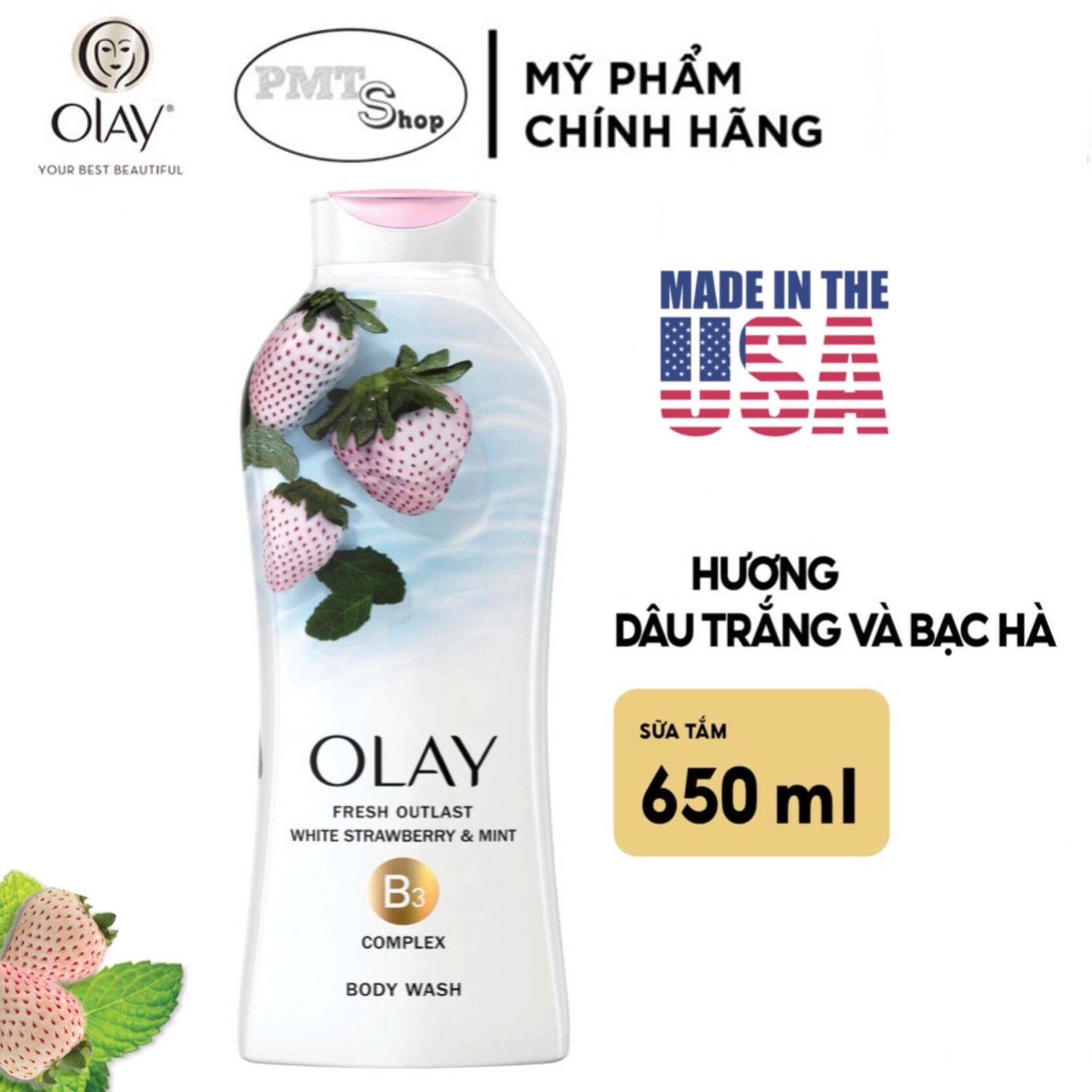 Sữa tắm Dưỡng ẩm Olay Cooling White hương dâu và bạc hà 650ml