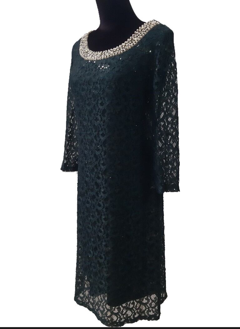 Đầm ren xanh sequin cổ đính ngọc SLNY