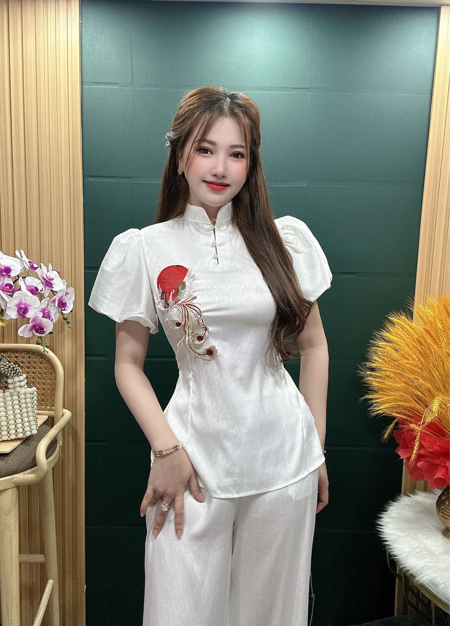 Set lam tay phồng cổ trụ hạt thêu xinh xắn, Set Lam Đi Chùa, Set Lam Vải Đẹp Giá Tốt - HN Closet