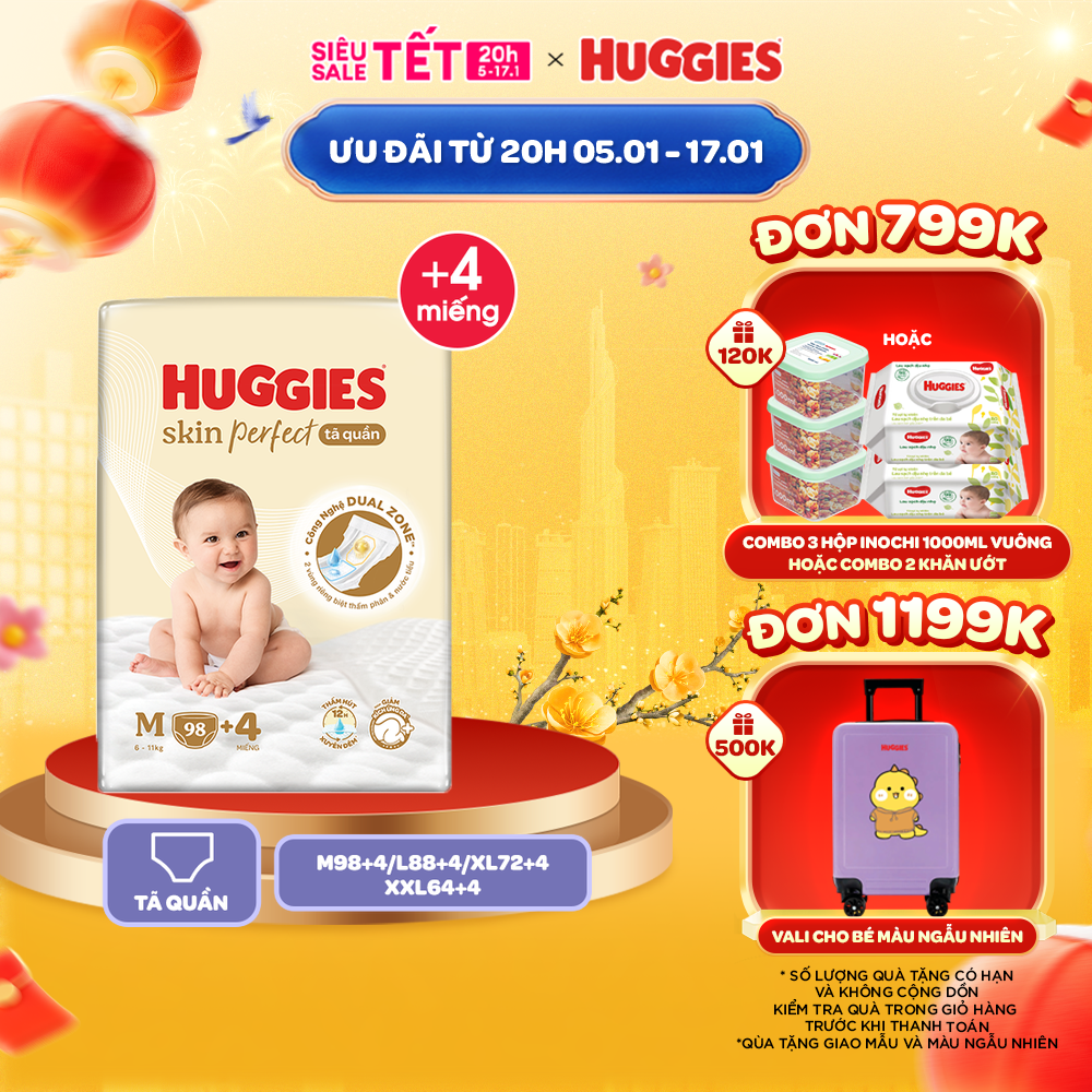 Tã quần Huggies Skin Perfect Mega Jumbo M98+4/L88+4/XL72+4/XXL64+4 miếng với 2 vùng thấm giảm kích ứng da