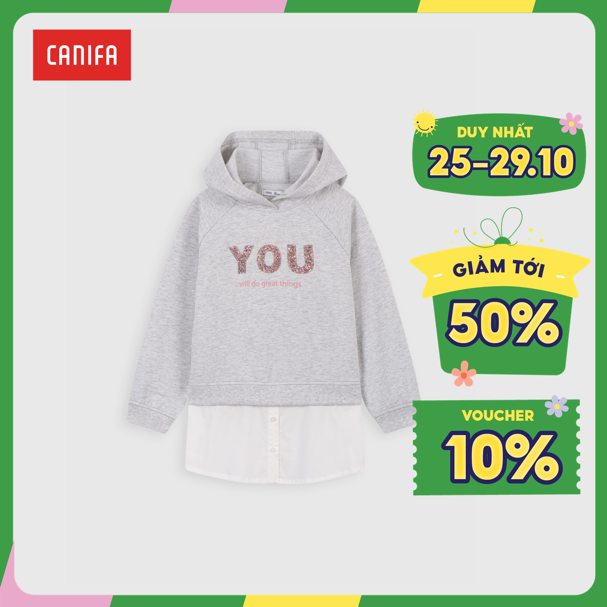 Áo phông bé gái có hình in canifa áo phông chất liệu 100% cotton, cố tròn tay cộc. 1ts22w005