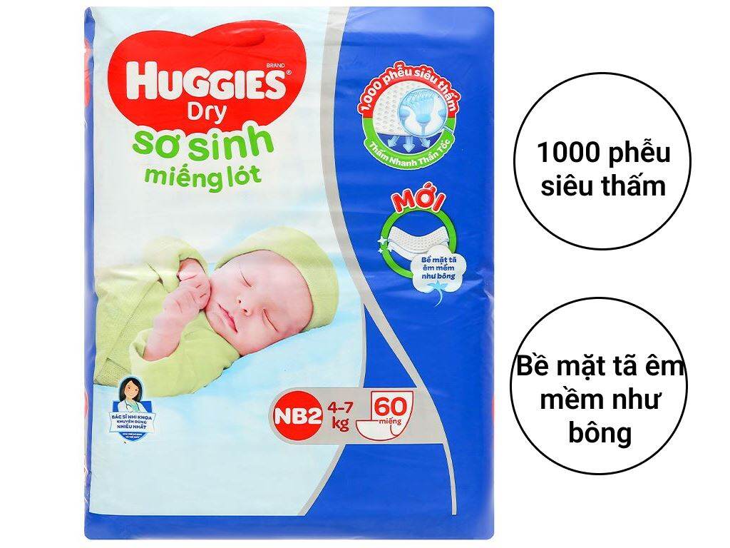 [Nhập RS0722 giảm 30k cho đơn 99k]Miếng lót Huggies NB2 60 miếng (4 - 7kg).