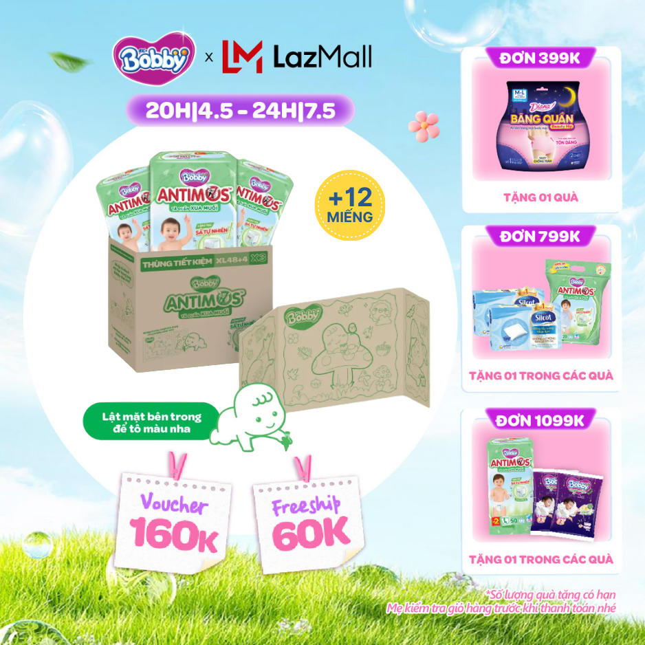 [CHỈ 20h 04-07.05 QT Đơn 899K/1199K][THÙNG TIẾT KIỆM TÔ MÀU] Combo 3 gói tã Quần Xua Muỗi Bobby Antimos – Hàng rào Sả tự nhiên Bye Muỗi 8H - XL48+4