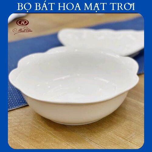 Bộ bát đĩa hoa mặt trời, trắng trơn.
