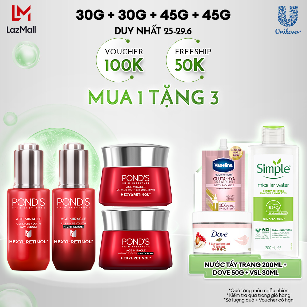 Combo 2 Serum và 2 Kem dưỡng ngày & đêm Pond's Age Miracle mờ đốm nâu, nếp nhăn với 50X Hexyl-Retinol 30G+30G+45G+45G