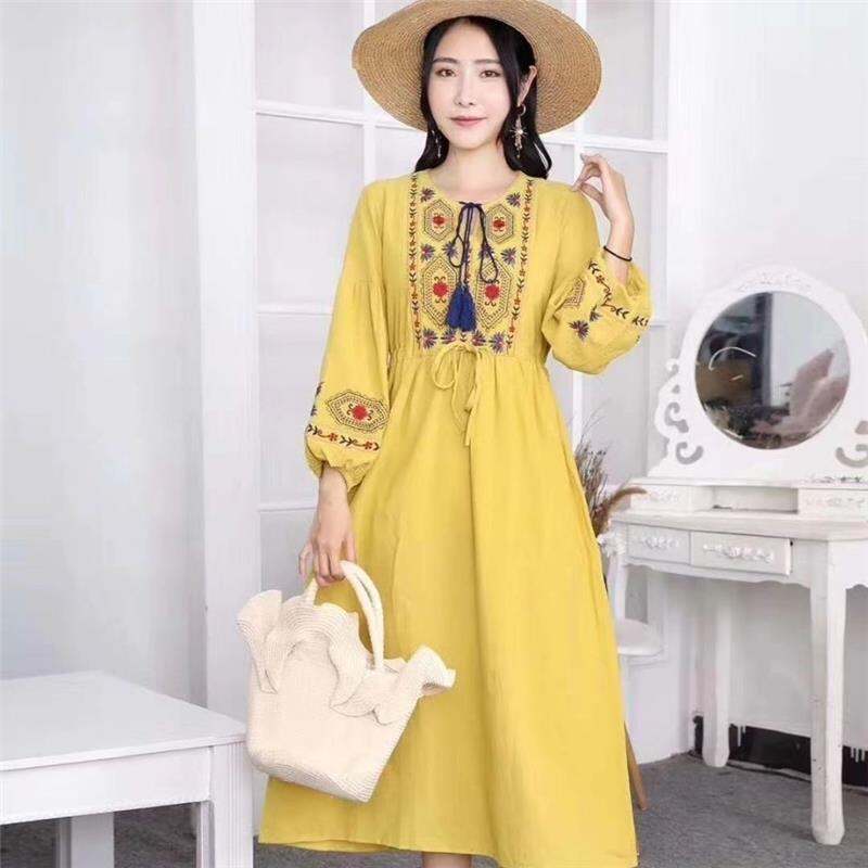 Váy Dài Phong Cách Dân Tộc Hồ Thanh Hải Tây Tạng Váy Liền Trắng Lanh Cotton Thêu Hoa Váy Du Lịch Siêu Tiên Nữ Nghỉ Mát Đại Lý Vân Nam