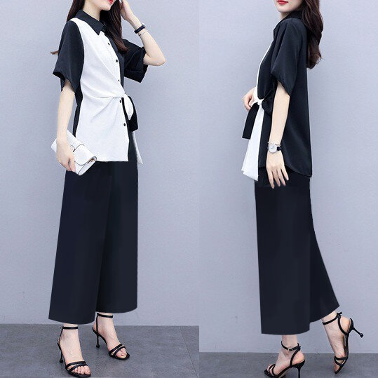 Set bộ áo sơ mi phối trắng đen cột nơ eo và quần - Set công sở