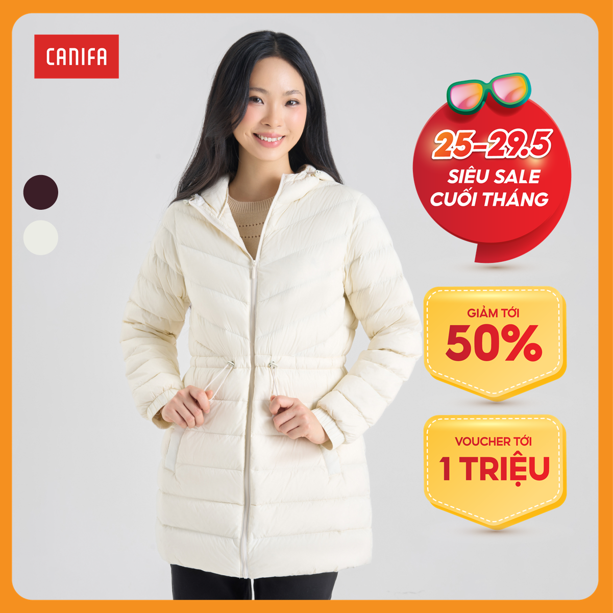 [25-29.6 GIẢM TỚI 50%] Áo khoác lông vũ nữ CANIFA dáng dài có mũ siêu nhẹ, giữ ấm 6OT24W010