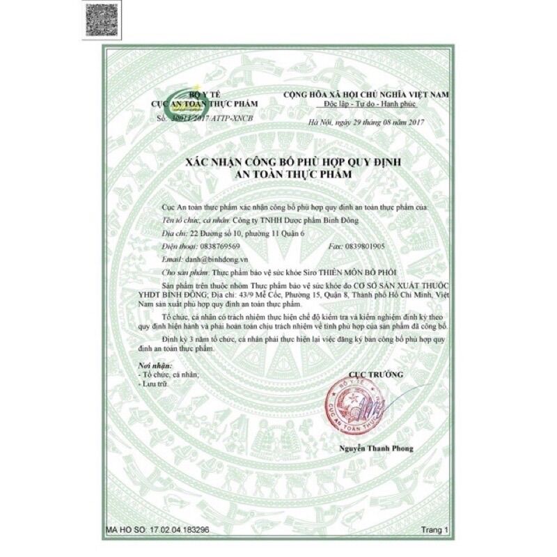 Siro ho thiên môn bổ phổi chai 280ml