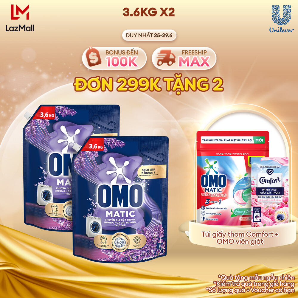 Combo 2 Túi Nước giặt OMO Matic chuyên dụng Cửa Trước Lavender Khử Mùi Thư Thái 3.6kg
