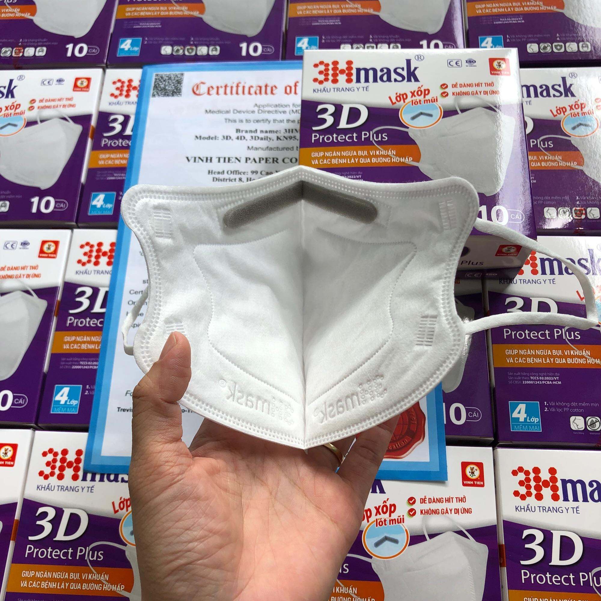 [KHÁNG KHUẨN - CÓ ĐỆM MŨI] Hộp 10 cái Khẩu Trang 3Hmask 4 lớp kiểu dáng 3D